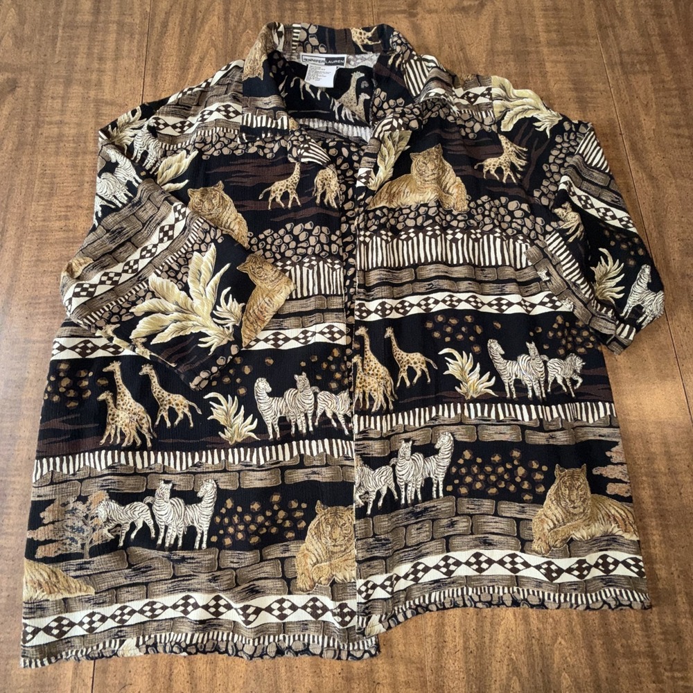 Jennifer Lauren women's button-up shirt‎ Collared animal print 1XWP vintage